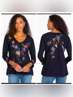 Johnny Was Piña Black Floral Embroidered 3/4 Sleeves V-Neck Raw Hem Size XS